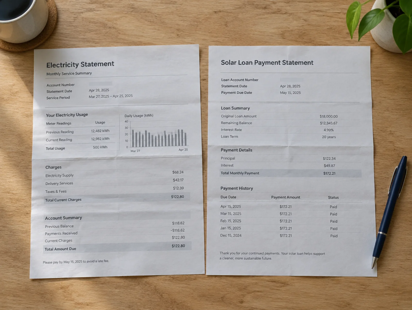 An electric utility bill and a solar loan statement lying side by side on a kitchen table.